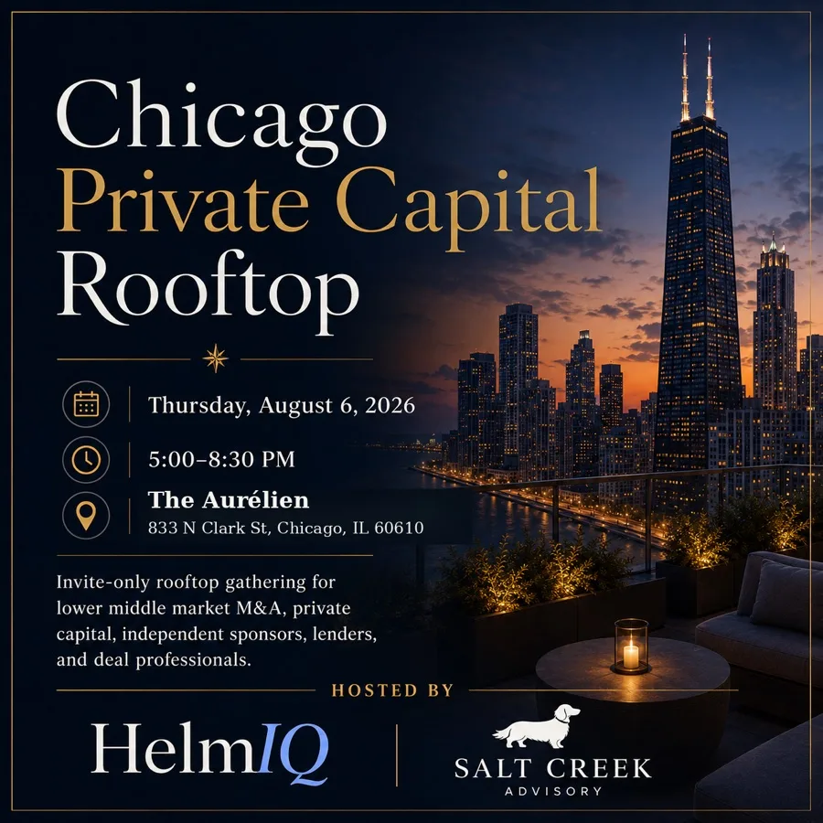 Chicago Private Capital Rooftop event graphic, Thursday August 6 2026, hosted by HelmIQ and Salt Creek Advisory